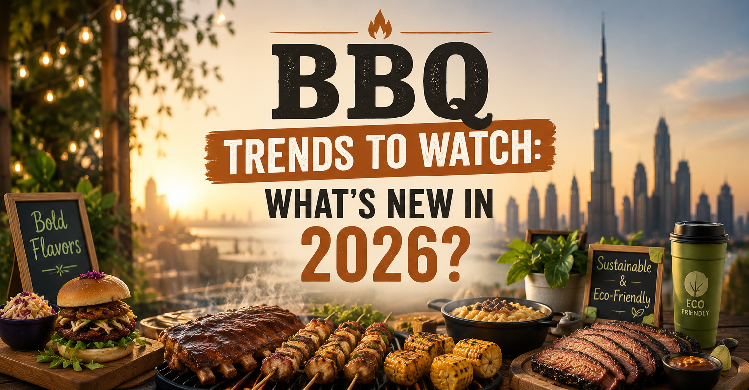 Modern BBQ spread featuring smoked ribs, grilled meats, skewers, corn, and gourmet barbecue dishes at an outdoor dining setup with a city skyline backdrop.