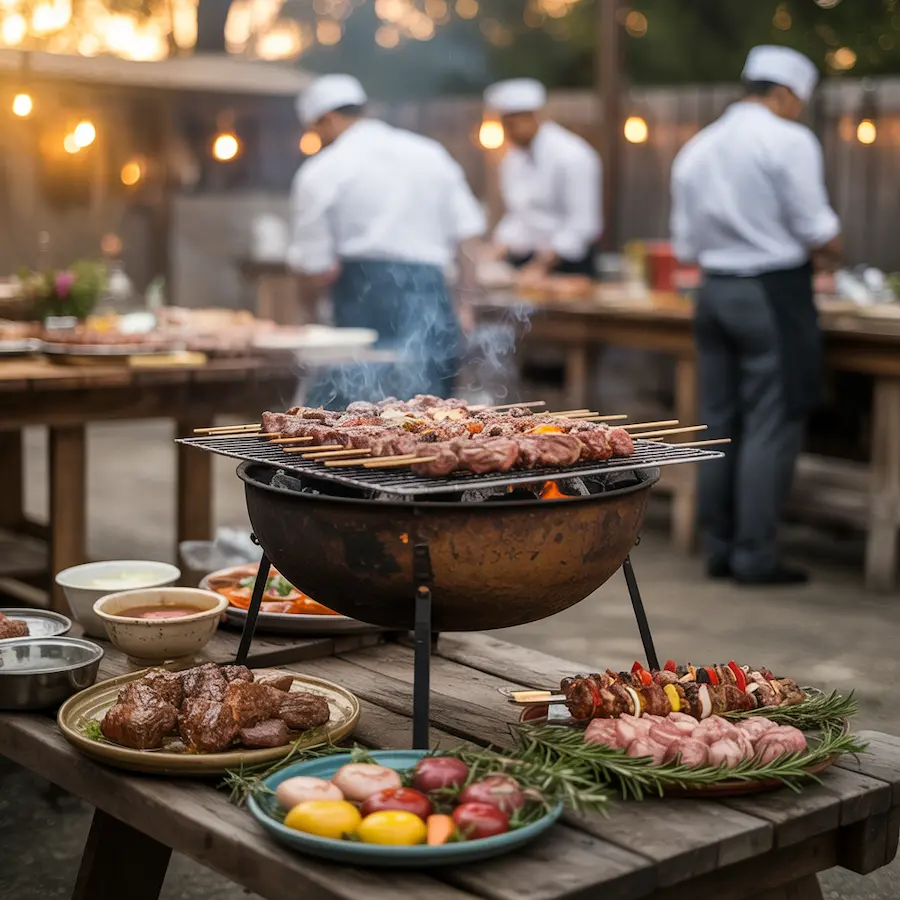 Flames rising from a live BBQ grill with skewers