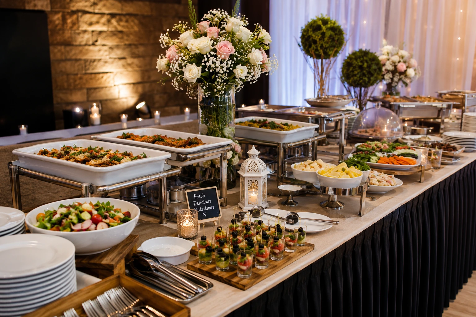 Elegant catering buffet table setup featuring gourmet dishes, floral centrepieces, desserts, beverages, and professional event styling for a wedding or corporate gathering.