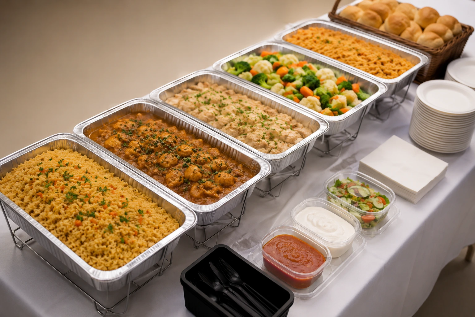 Affordable catering buffet in Dubai featuring rice dishes, wraps, fresh salads, eco-friendly tableware, and bottled water with the Dubai skyline in the background.