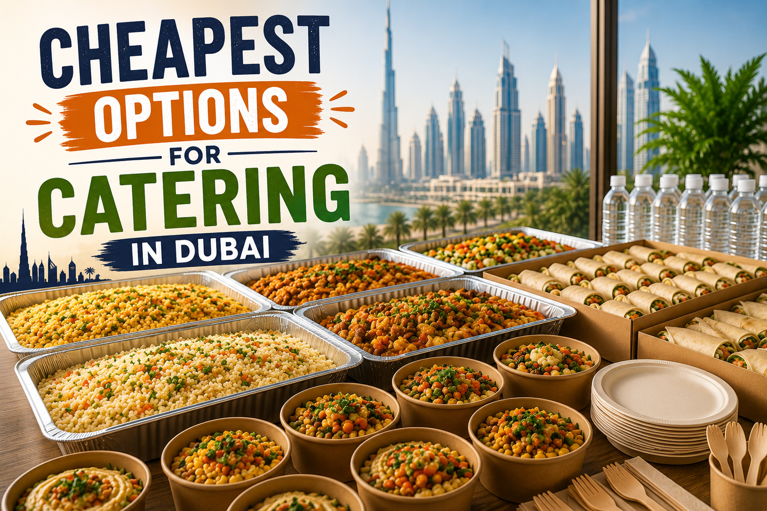 Affordable catering buffet in Dubai featuring rice dishes, wraps, fresh salads, eco-friendly tableware, and bottled water with the Dubai skyline in the background.