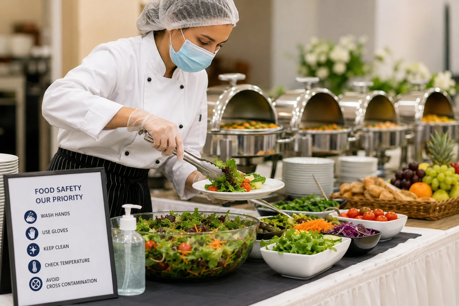 Professional catering staff following food safety and hygiene practices while serving fresh food at a buffet event