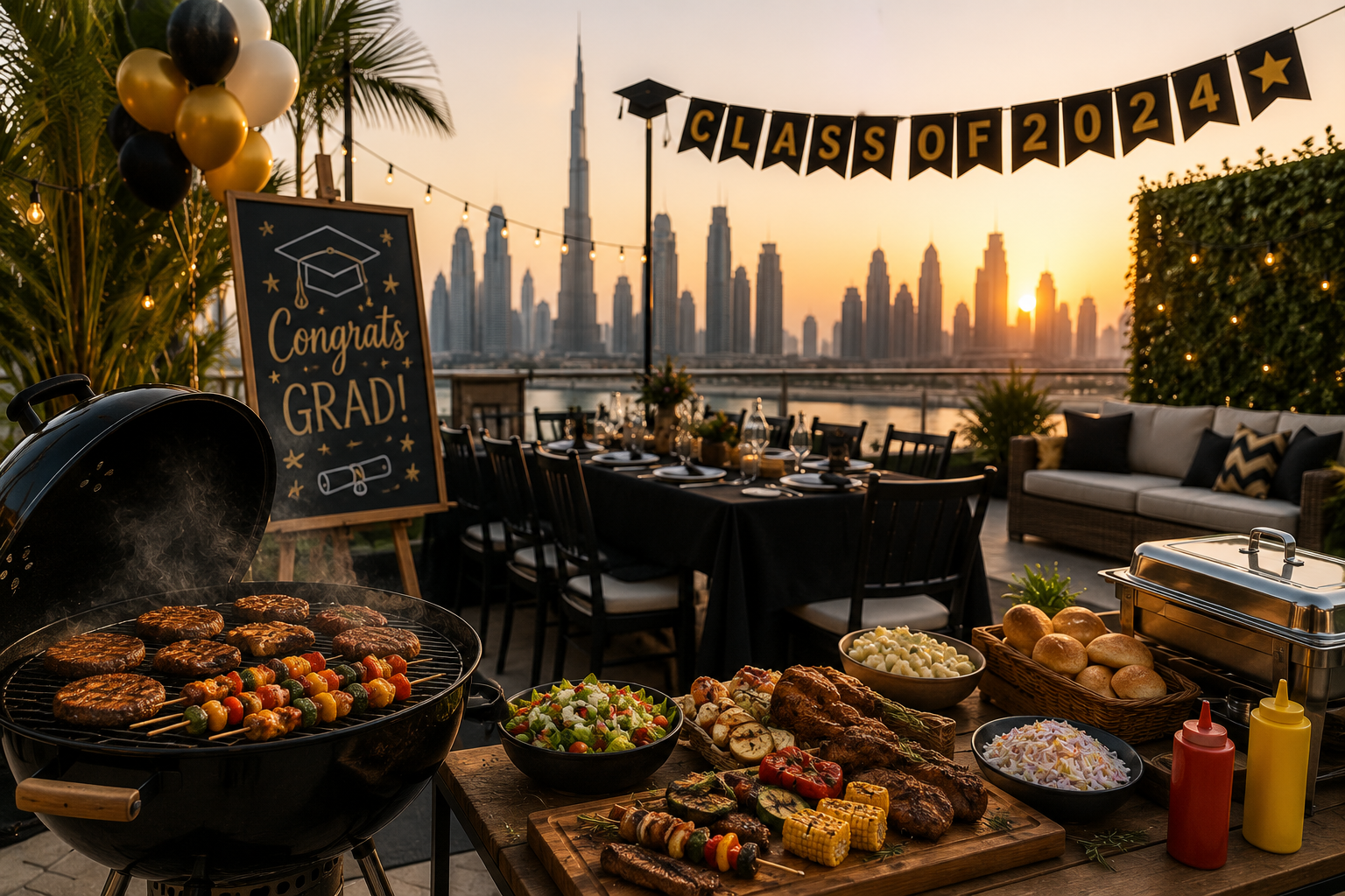 Outdoor graduation BBQ party in Dubai featuring grilled food, elegant dining setup, festive decorations, and a city skyline at sunset.
