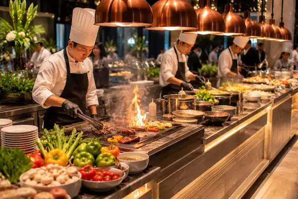 Live station catering in Dubai with chefs preparing fresh gourmet dishes for weddings, corporate events, and private parties.