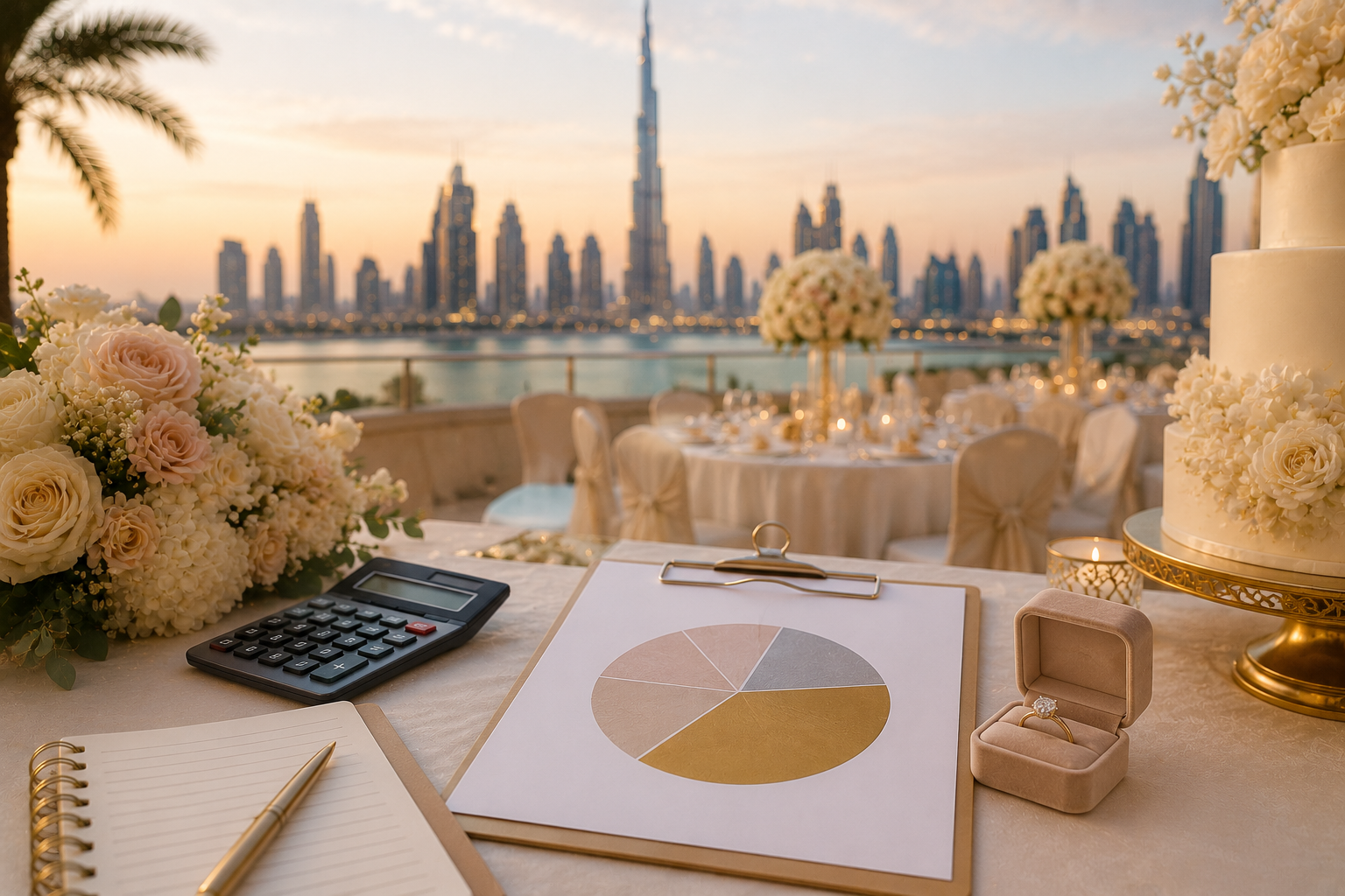 Luxury Dubai wedding setup featuring floral decorations, a wedding cake, engagement ring, calculator, and budget planning documents with the Dubai skyline in the background.