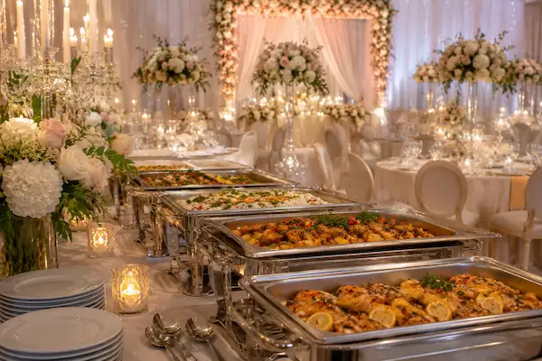 Luxury wedding catering in Dubai with gourmet food, elegant buffet setup, and premium event dining services.