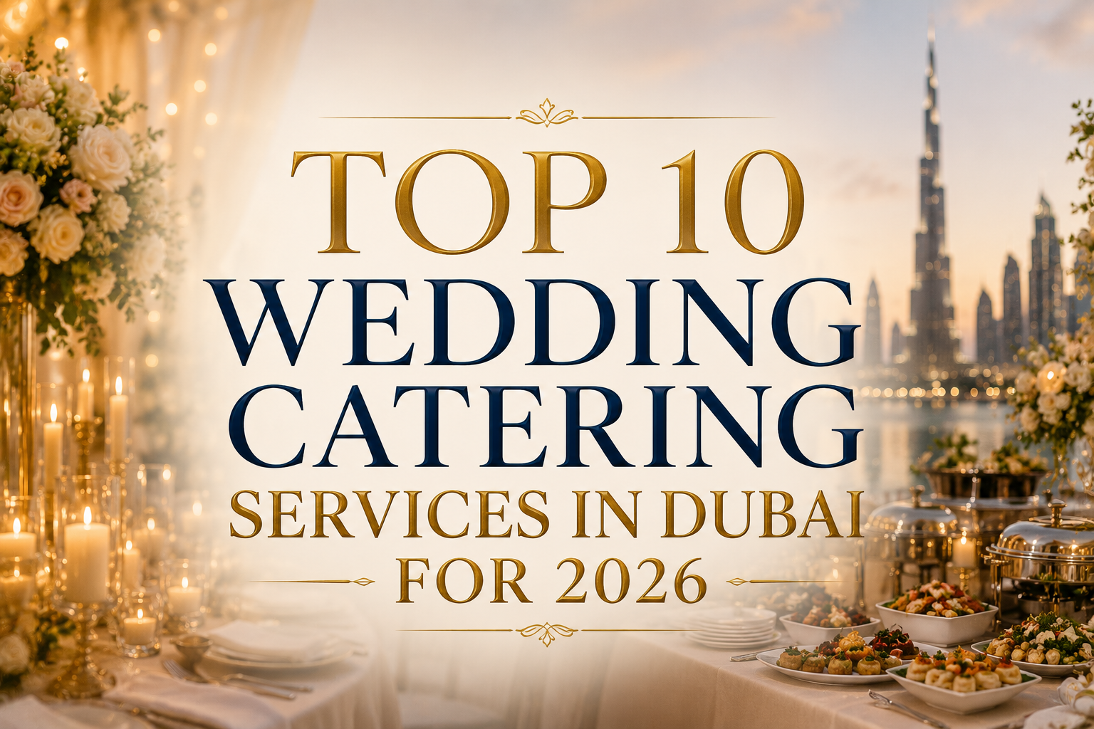 Luxury wedding catering setup in Dubai featuring elegant buffet stations, floral decorations, fine dining tables, and the Dubai skyline with the title "Top 10 Wedding Catering Services in Dubai for 2026".